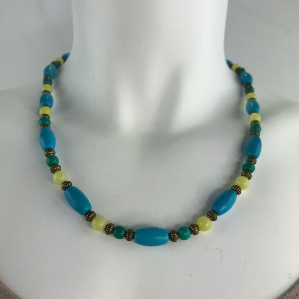 Handmade Necklace Green and Turquoise Magnesite, New Jade, Bronze Tone Spacers